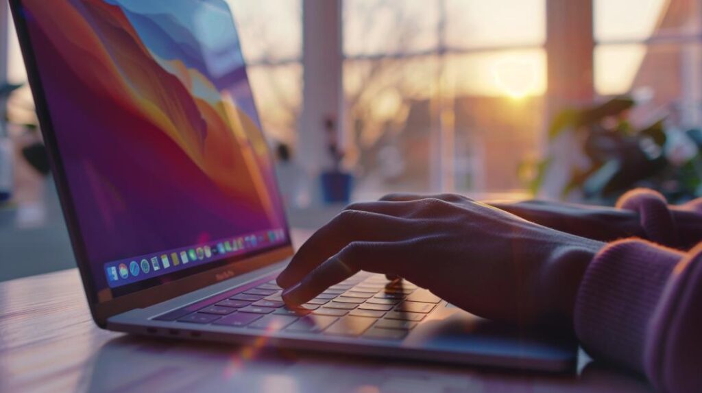 Photo détaillée de mains configurant les accents sur le clavier d'un MacBook Pro éclairé naturellement.