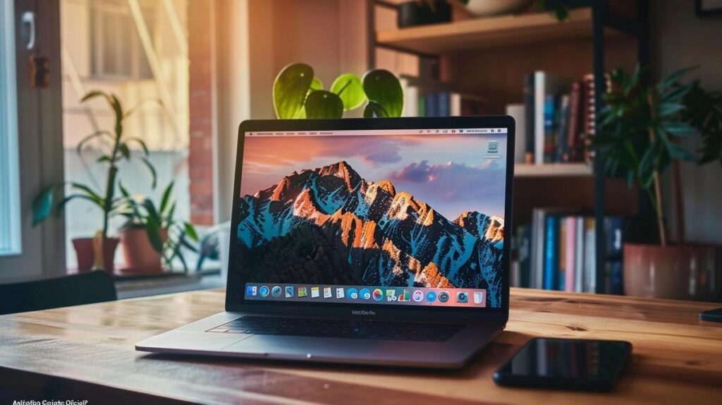 MacBook moderne avec Gmail ouvert, sur une table en bois minimaliste, éclairé par la lumière naturelle.
