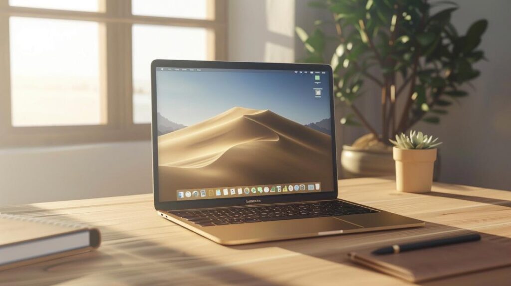 Photographie hyperréaliste d'un MacBook reconditionné dans un environnement moderne avec des accessoires de bureau élégants.