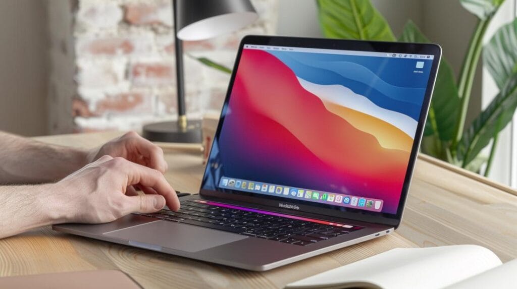 Photo hyperréaliste d’un MacBook Pro dans un bureau moderne et chaleureux.