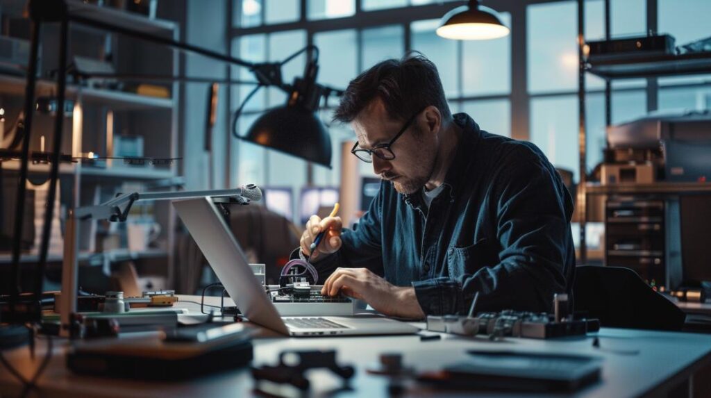 Technicien inspectant minutieusement la batterie d'un MacBook Pro 13 dans un environnement bien éclairé.