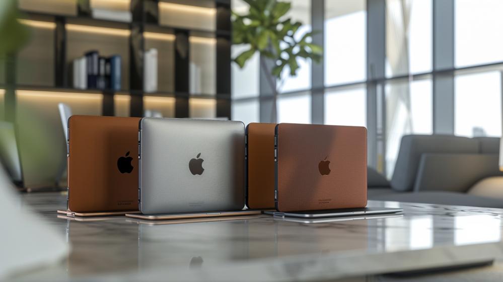 Photo hyperréaliste de coques premium pour MacBook sur une table minimaliste dans un bureau moderne.
