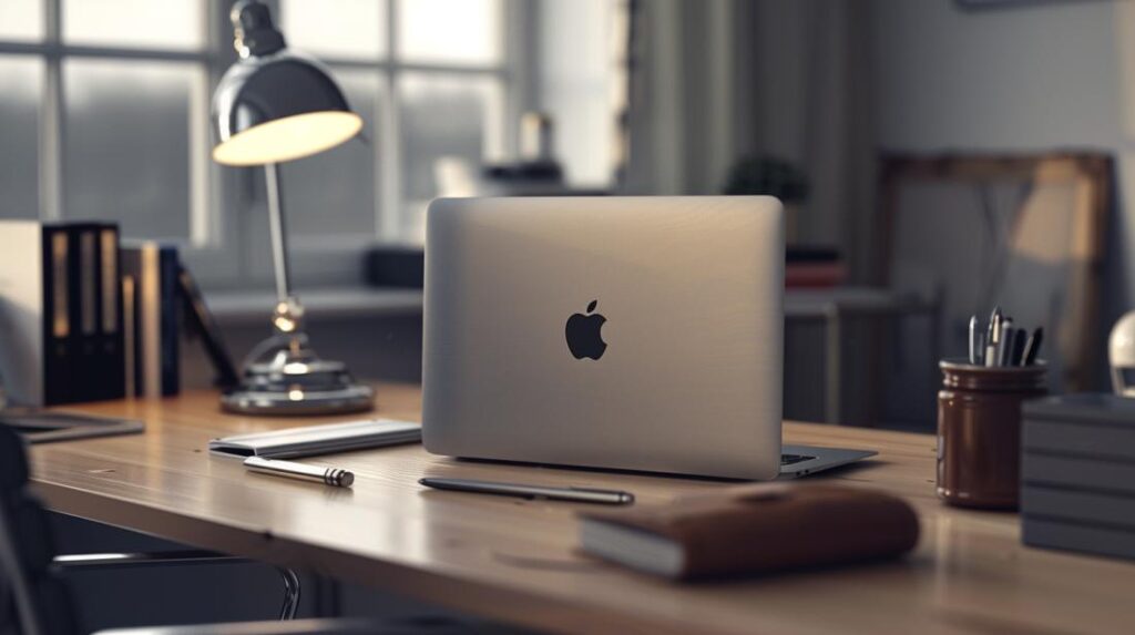 Photo hyperréaliste d'un espace de travail moderne avec un MacBook Air 13, une coque élégante et des accessoires minimalistes.