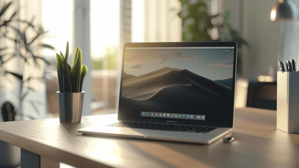 Photo hyperréaliste d'un MacBook Pro moderne sur un espace de travail minimaliste de start-up.