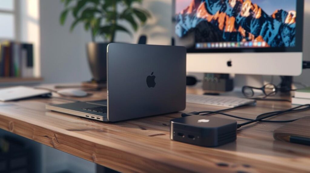 Espace de travail moderne avec un Mac Mini et un MacBook Pro connectés sur une élégante table en bois.