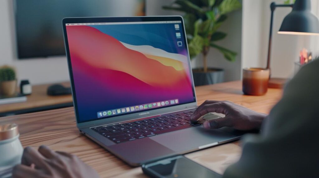 Photo hyperréaliste d'un bureau moderne avec un MacBook Pro et des mains copiant du texte.