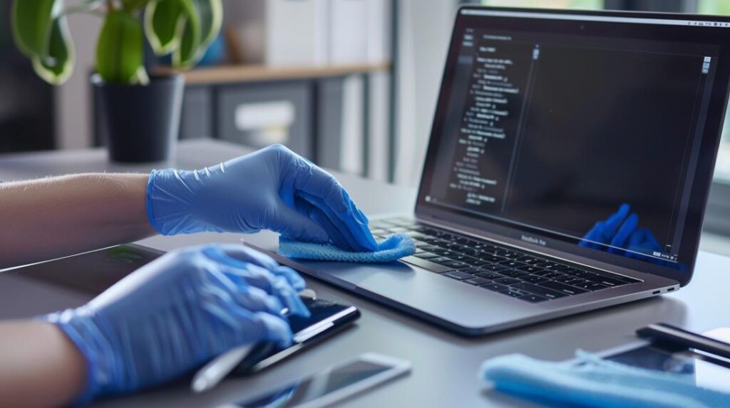 Photographie hyperréaliste du nettoyage soigneux d’un MacBook dans un espace de travail minimaliste.
