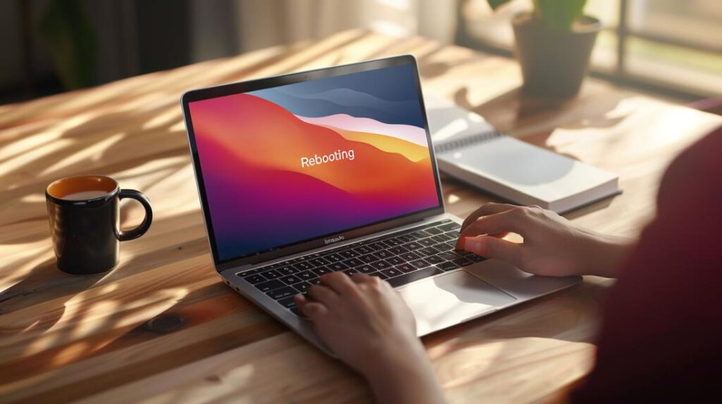 Photo réaliste d’un MacBook Air en cours de redémarrage sur un bureau moderne éclairé par la lumière naturelle.