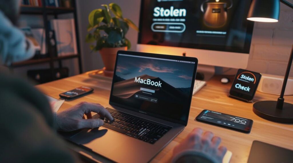 Personne inspectant le numéro de série d’un MacBook Pro dans un bureau moderne.