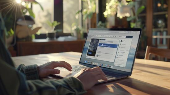Photo hyperrealiste de l'installation de l'application Facebook sur MacBook Pro 2021, dans un environnement minimaliste.