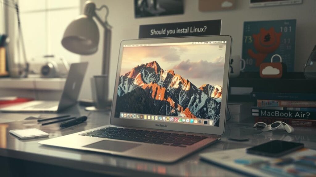 MacBook Air affichant un bureau Linux personnalisé, entouré de manuels Linux, d’un iPhone et d’AirPods.