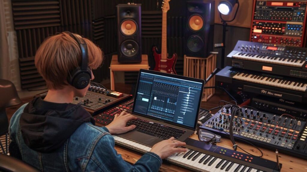 Un producteur musical concentré dans un studio moderne, utilisant un MacBook Pro 16” M1 Max.