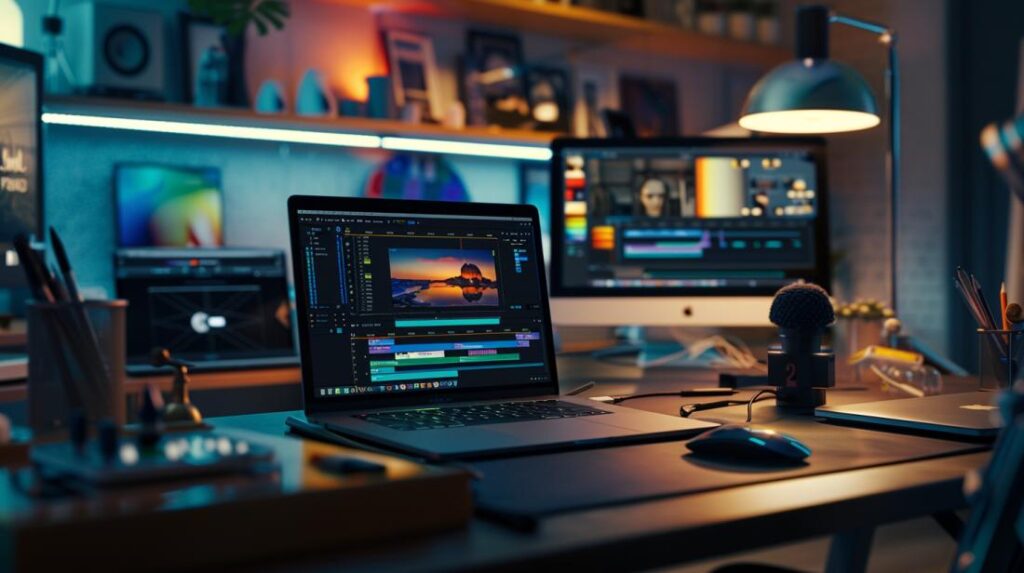 Photographie hyperréaliste du MacBook Pro M1 dans un studio moderne avec des outils d'édition avancés.