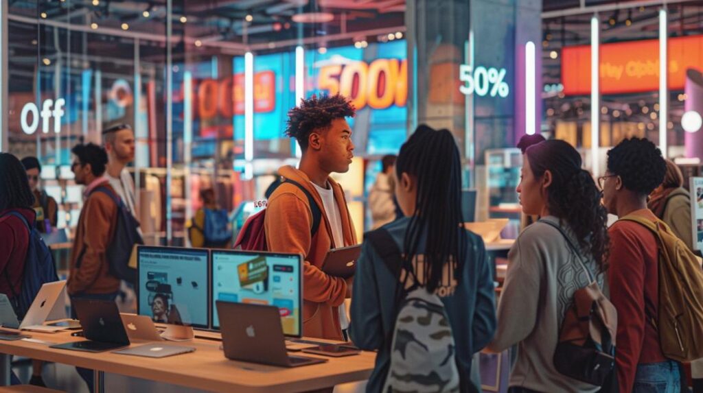 Photo hyperréaliste d'une boutique de technologie dynamique proposant une promotion sur les MacBook avec 50 % de remise.
