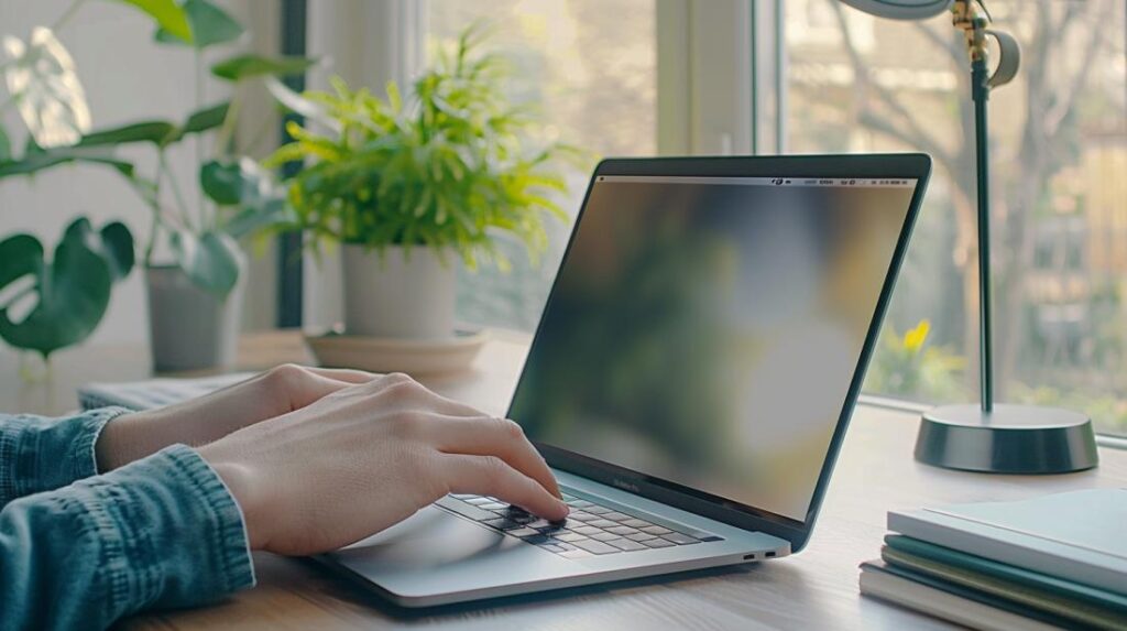 Utilisateur réinitialisant le SMC d’un MacBook Pro dans un bureau minimaliste éclairé par la lumière naturelle.