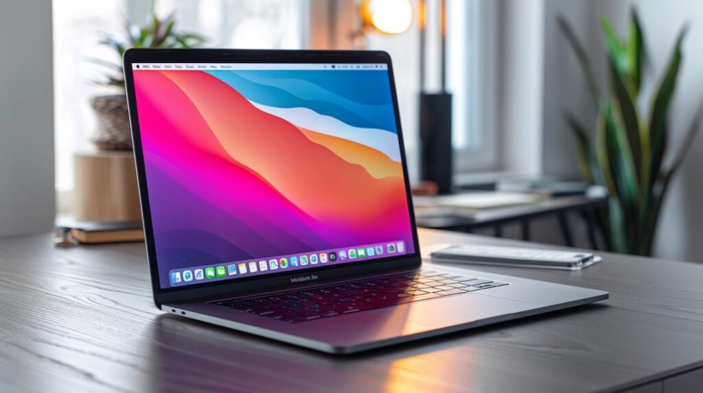 Photo hyperréaliste d'un MacBook sur un bureau minimaliste, réalisant une capture d'écran complète avec un raccourci clavier.