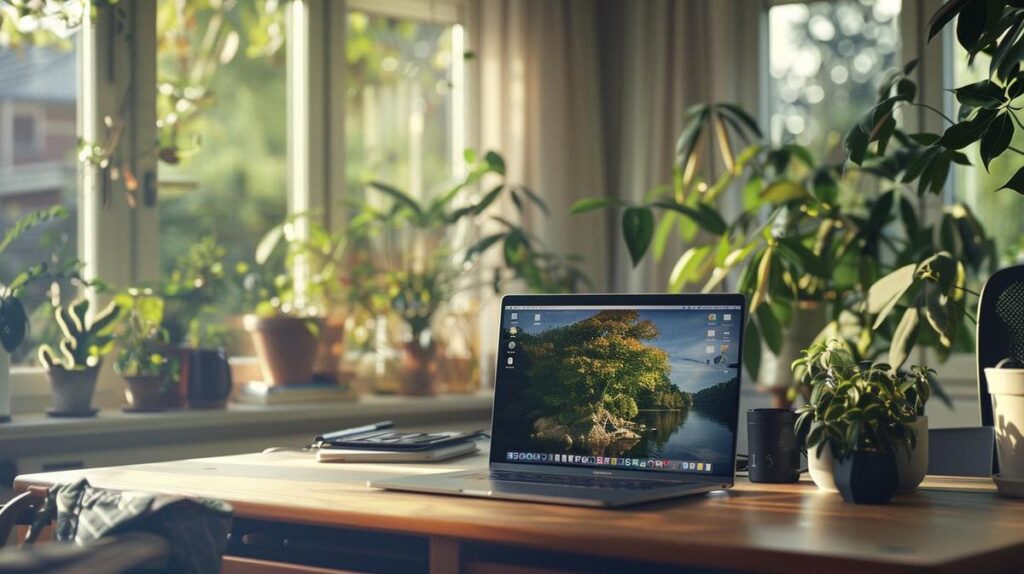 Photo hyperréaliste d'un utilisateur concentré sur un MacBook dans un bureau à domicile minimaliste et moderne.