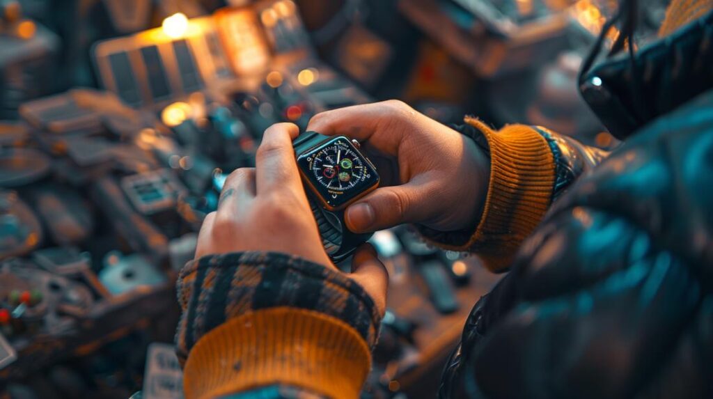 Une personne examine attentivement une Apple Watch d'occasion dans un marché aux puces moderne.