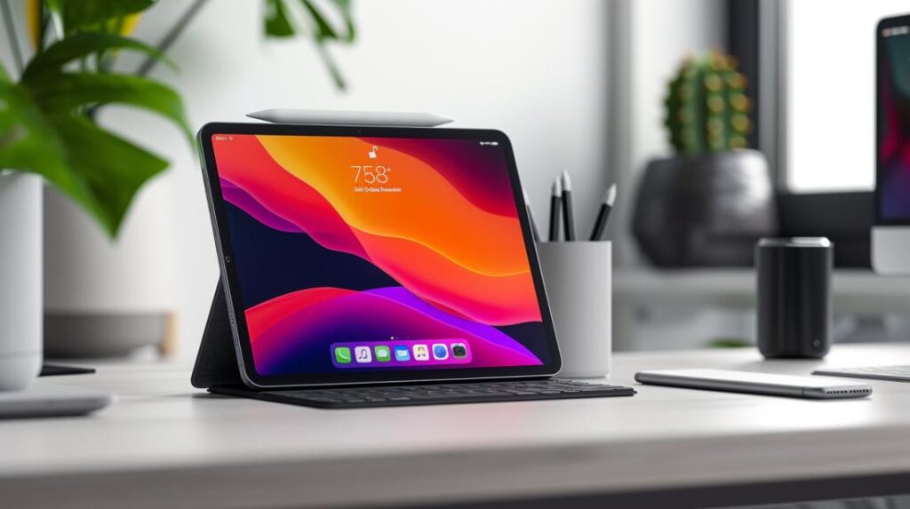Photographie hyperréaliste de l’iPad A1822 sur une table minimaliste avec des accessoires Apple.