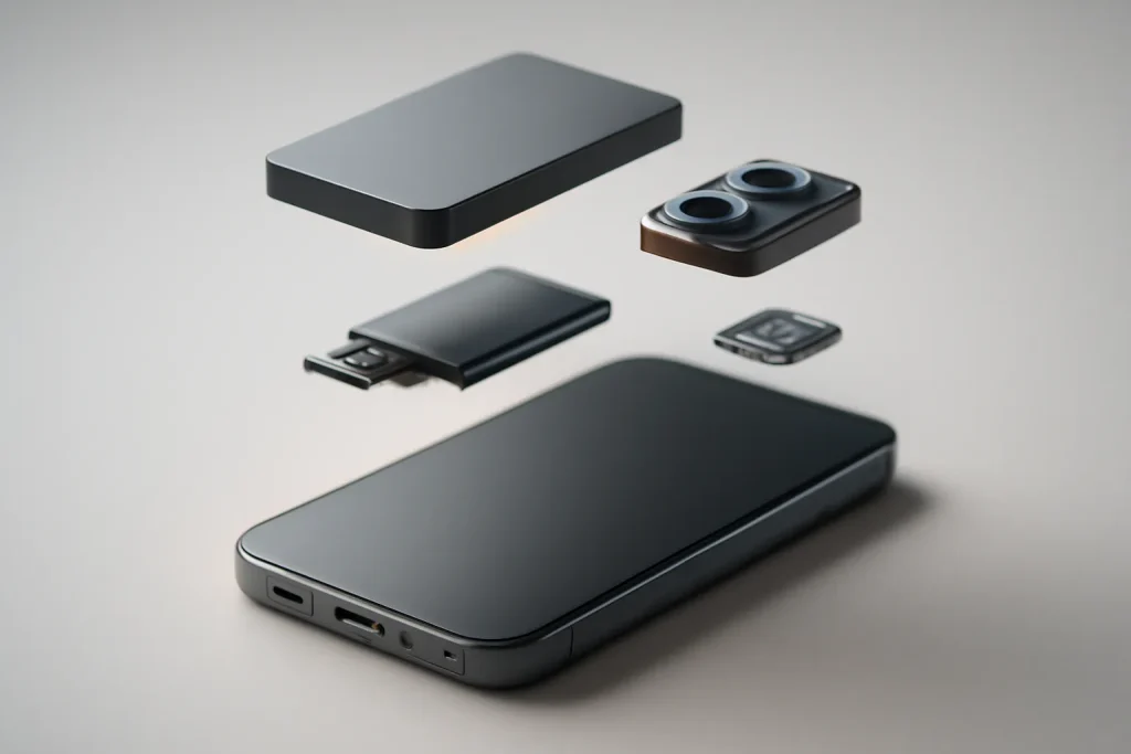 Composants abstraits d’un smartphone pour illustrer la check-list technique.