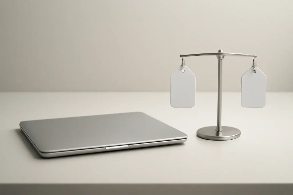 Ordinateur portable générique et métaphore d'équilibre entre valeur et coût.